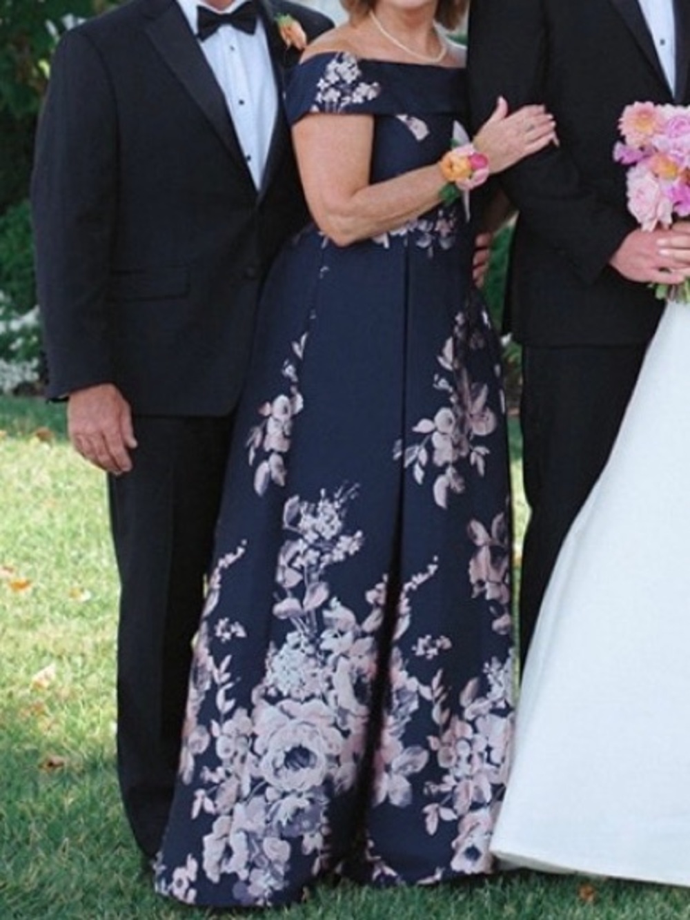 Adrianna Papell Navy Off-Shoulder Floral Gown with Pink Accents
